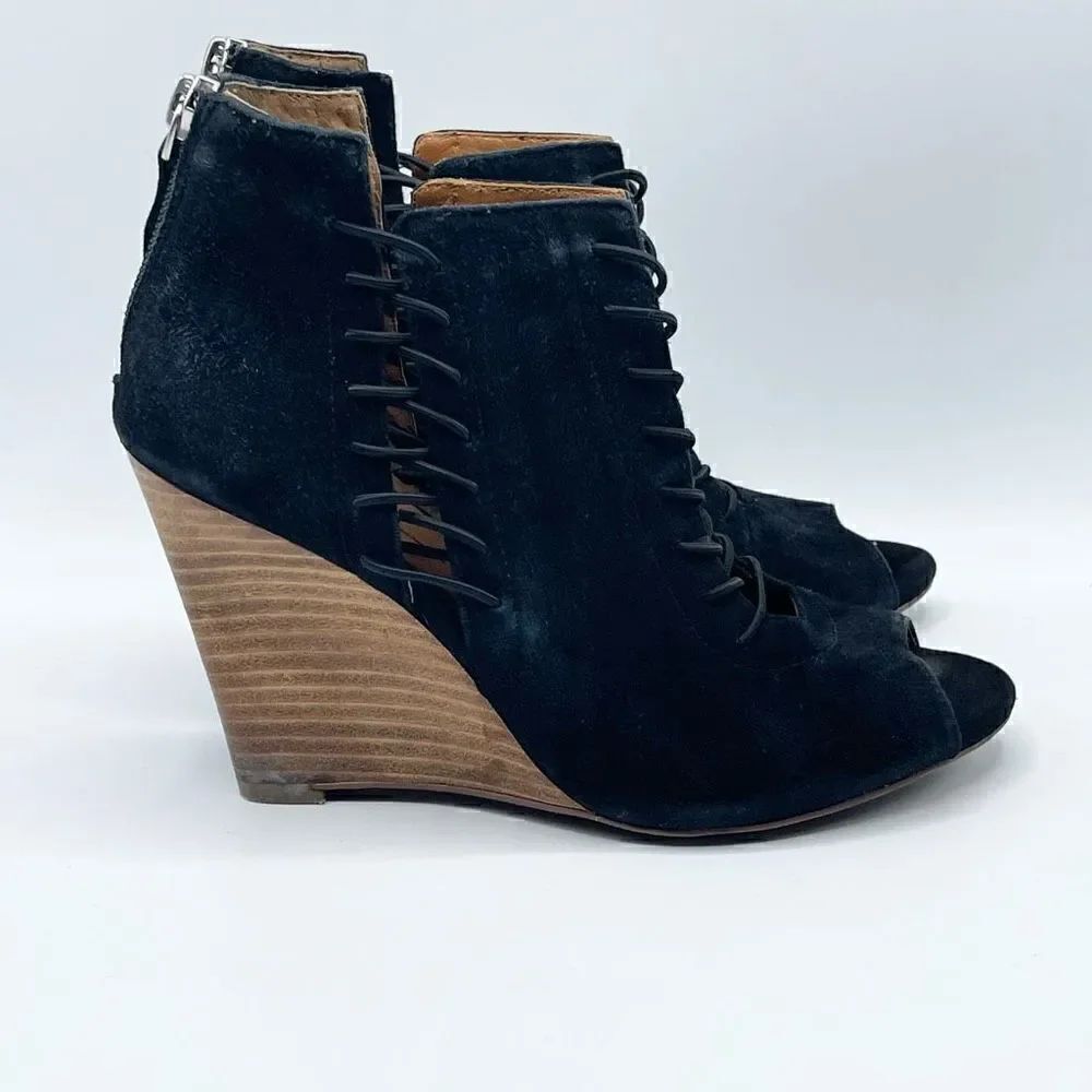 Linea Paolo Stretch Lace Black Suede Wedge Sandals - Women’s 5M